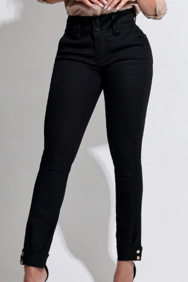 Calça Jeans Modeladora Preto Com na Detalhe Barra